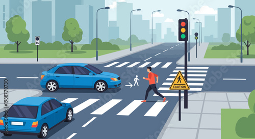 Urban Scene Depicting Pedestrian Crossing, Traffic And Road Safety Concept Illustration