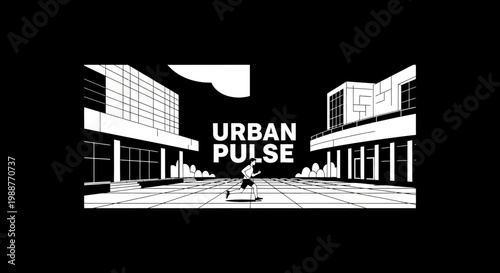 Urban Sportsman Running Illustration Between Modern Buildings in Black And White