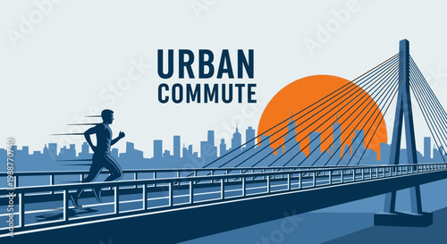 Urban Runner On Bridge At Sunset Over City Silhouette Illustration