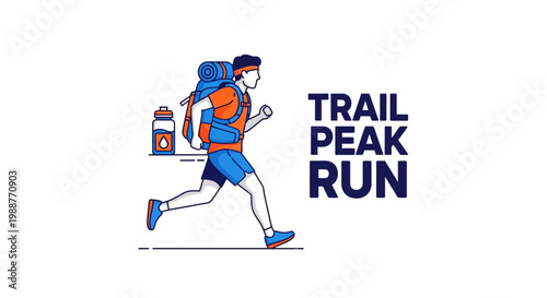Vibrant Illustrated Trail Runner With Backpack Ascending a Mountain Peak Quickly and Boldly