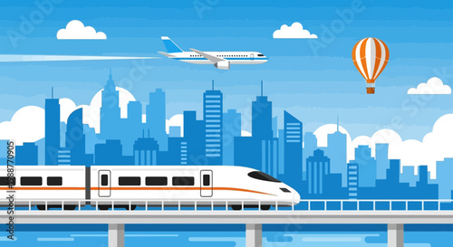 Urban Transportation Illustration Depicting Trains, Planes, and Hot Air Balloons Over Cityscape