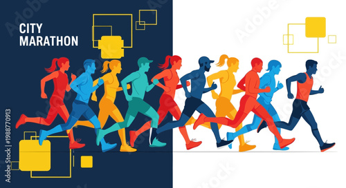 Vibrant City Marathon Illustration Featuring Energetic Runners in Colorful Action, Full of Motion