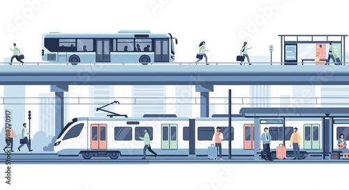 Urban Transit Illustration Depicting Commuters Using Multiple Transportation Options