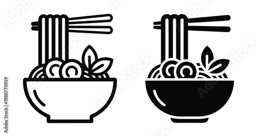 Noodle bowl icon set with chopsticks lifting ramen pasta and garnish leaves in outline and solid black silhouette vector style