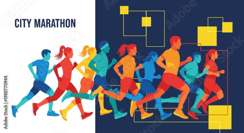 Vibrant Illustration of City Marathon Runners in Motion, Achieving Goals, and Running Together