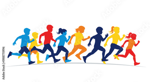Vibrant Silhouettes of Children in a Race Towards a Shared Objective