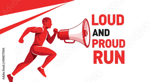 Vibrant Motivational Running Figure Concept with Loudspeaker and Bold Typography