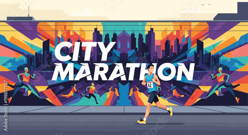 Vibrant Illustrated City Marathon Depicting Fitness, Endurance, And Public Events