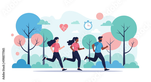 Vibrant Illustrated Depiction of Diverse Individuals Actively Engaging in an Outdoor Running