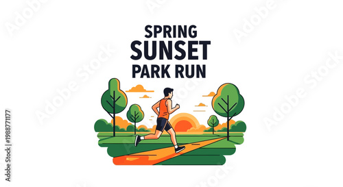 Vibrant Spring Sunset Park Run Scene Depicting Energetic Fitness Activity Illustration