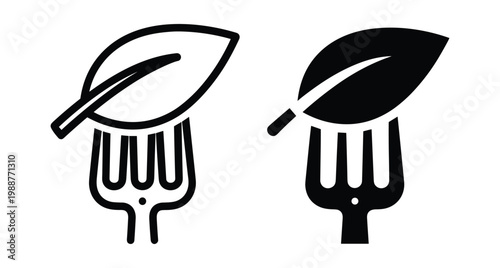 Vegan food icon set featuring a fork with a green leaf representing vegetarian diet organic nutrition healthy eating and sustainability