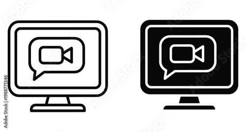 Video call icon set on computer monitor screen for online meeting digital communication webinar conference and remote work business collaboration