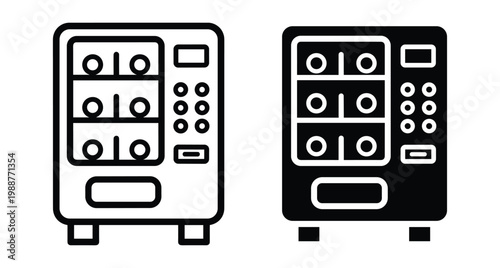 Vending machine icon set featuring outline and solid styles for snacks drinks food automated retail service interface design elements graphics
