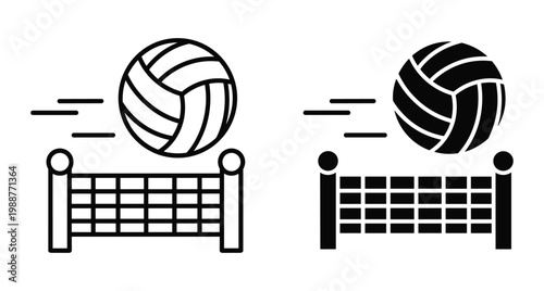 Volleyball flying over net icon set with motion lines in outline and solid black style for sports competition design
