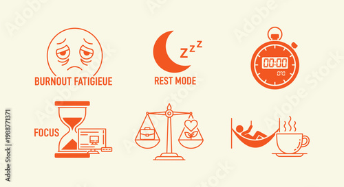 Burnout Fatigue and Rest Mode Icon Set with Work Life Balance Focus and Stress Management Symbols