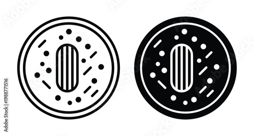 Petri dish icon set representing laboratory science research microbiology bacterial culture growth experiment medical testing biotechnology analysis and clinical study