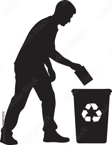 Foto Black vector silhouette of a man throwing waste into a recycling bin representin