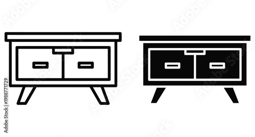 Sideboard cabinet furniture icon set featuring outline and solid glyph styles for interior design home decor storage and organization projects
