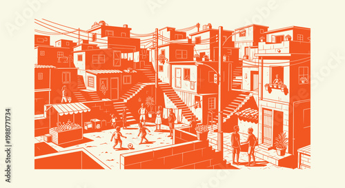 Orange Monochromatic Illustration of a Lively Favela Neighborhood with Kids Playing Street Soccer