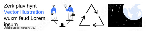 Business ethics, recycling concepts, planetary conservation, legal fairness, astronomy, financial balance. Businesspeople on a scale, recycling arrows and Earth in space. Business ethics