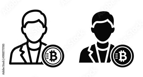 Bitcoin user icon set featuring a male avatar with cryptocurrency coin symbol in outline and solid black flat vector style for finance