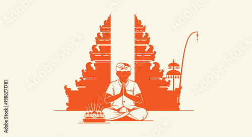 Detailed Minimalist Vector Illustration of a Balinese Hindu Man Praying at a Sacred Temple Gate