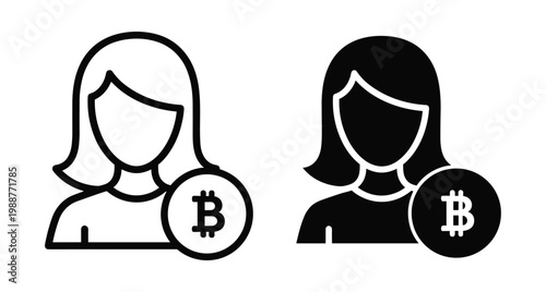 Woman user avatar icon set with bitcoin cryptocurrency symbol representing digital finance investor trader female profile outline and solid style