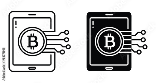 Bitcoin cryptocurrency digital wallet icon set on mobile tablet device showing blockchain technology electronic payment system and financial crypto mining