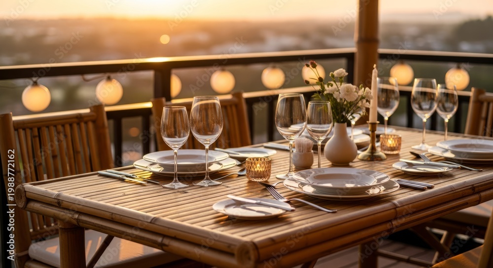 Fototapeta premium Elegant outdoor dining setup with sunset view on balcony