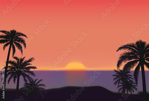 Sunset with palm trees and the ocean with sunset and palm trees vector illustration. Sunset on the tropical island. Beautiful ocean beach with palms illustration. 3D vector realistic illustration