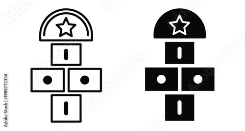Hopscotch game icon set featuring outline and solid black designs with numbered squares and star for children outdoor play activities