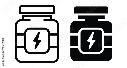 Supplement jar icon set with lightning bolt symbol representing energy protein powder workout vitamins bodybuilding fitness nutrition health gym supplements