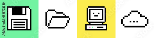 Pixel storage and system icons set in retro 8-bit style. Disk, file folder, old computer, cloud icon. Vintage game interface elements for for technology design, apps, dashboards, digital interfaces
