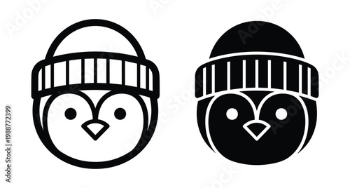 Penguin head icon set wearing winter beanie hat in outline and solid black style for cold weather animal logo design