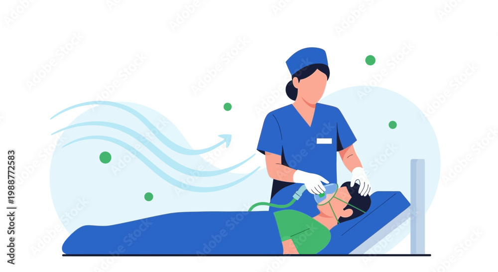 Obraz premium Nurse assisting patient with oxygen mask, medical care, respiratory support, hospital room