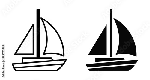 Sailboat icon set featuring outline and solid silhouette styles for marine travel nautical design yachting sailing boat ocean transportation symbols