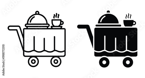 Hotel room service trolley icon set with food cloche and hot coffee cup on a mobile cart for catering delivery