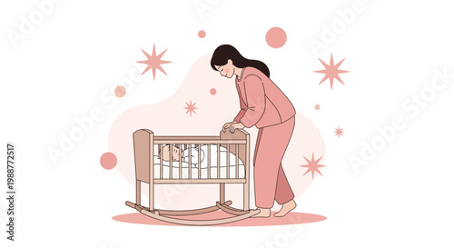 Mother lovingly watching over baby sleeping peacefully in a crib, nursery decor