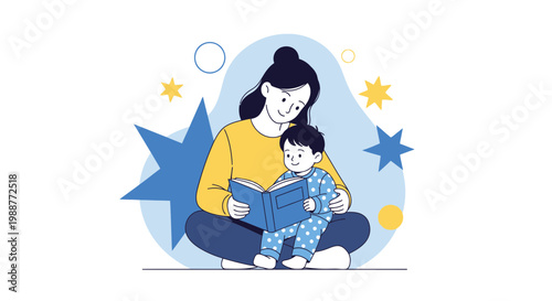 Mother reading a book to her child, bedtime story, cozy family moment, stars background