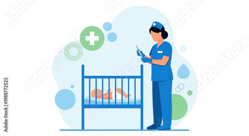 Nurse Administering Injection to Newborn Baby in Crib, Healthcare Concept