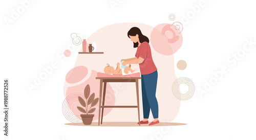 Mother changing baby diaper on changing table, domestic routine, care and love
