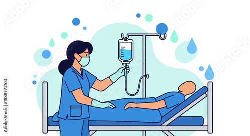 Nurse Administering IV Drip to Patient in Hospital Bed, Healthcare Concept