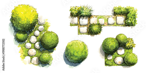 Watercolor top down view of garden landscaping architecture map plan elements showing bushes shrubs grass and stone pathways isolated on transparent background