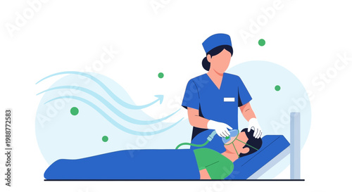 Nurse assisting patient with oxygen mask, medical care, respiratory support, hospital room