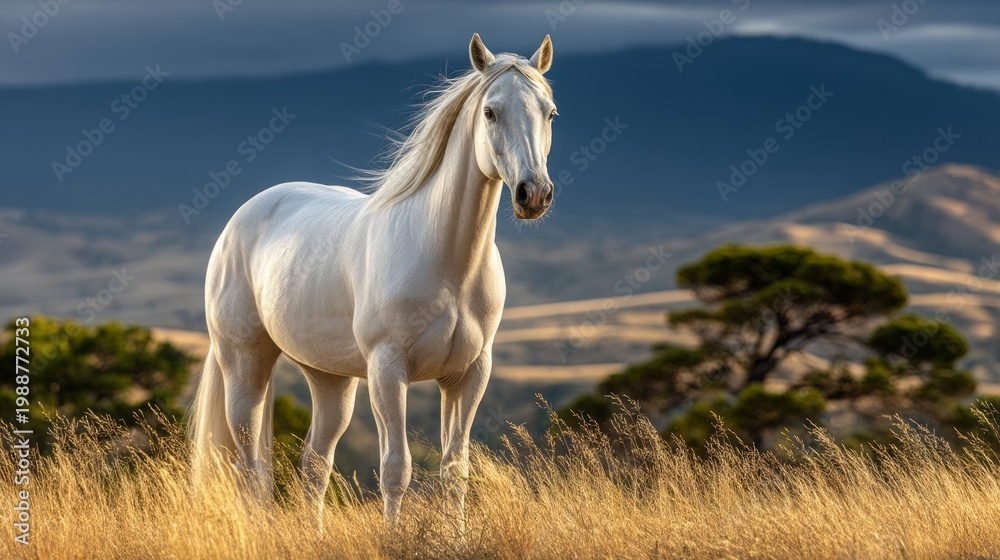 Obraz premium Majestic White Horse Standing Gracefully in Wide Grassland under Rolling Hills