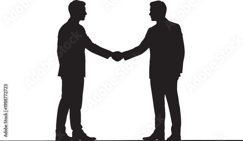 Black vector silhouette of two businessmen shaking hands representing successful partnership corporate agreement professional greeting and business deal