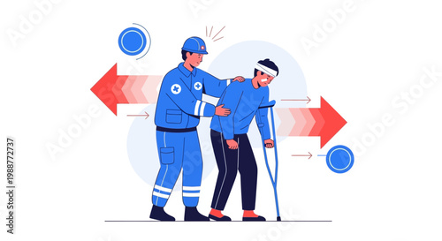 Paramedic helps injured man with crutches, support and care concept