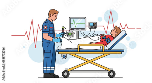 Paramedic tending to patient on gurney with medical equipment and heart monitor