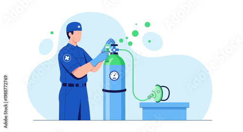 Paramedic prepares oxygen tank with mask, medical emergency, respiratory support, healthcare concept