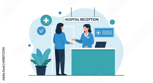 Patient at hospital reception desk interacting with healthcare staff, medical check-in